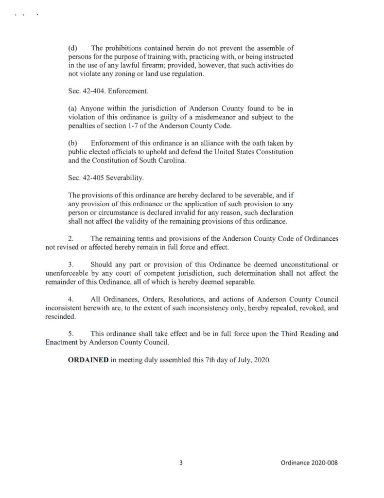 Anderson County Second Amendment Sanctuary Ordinance Number 2020-008
