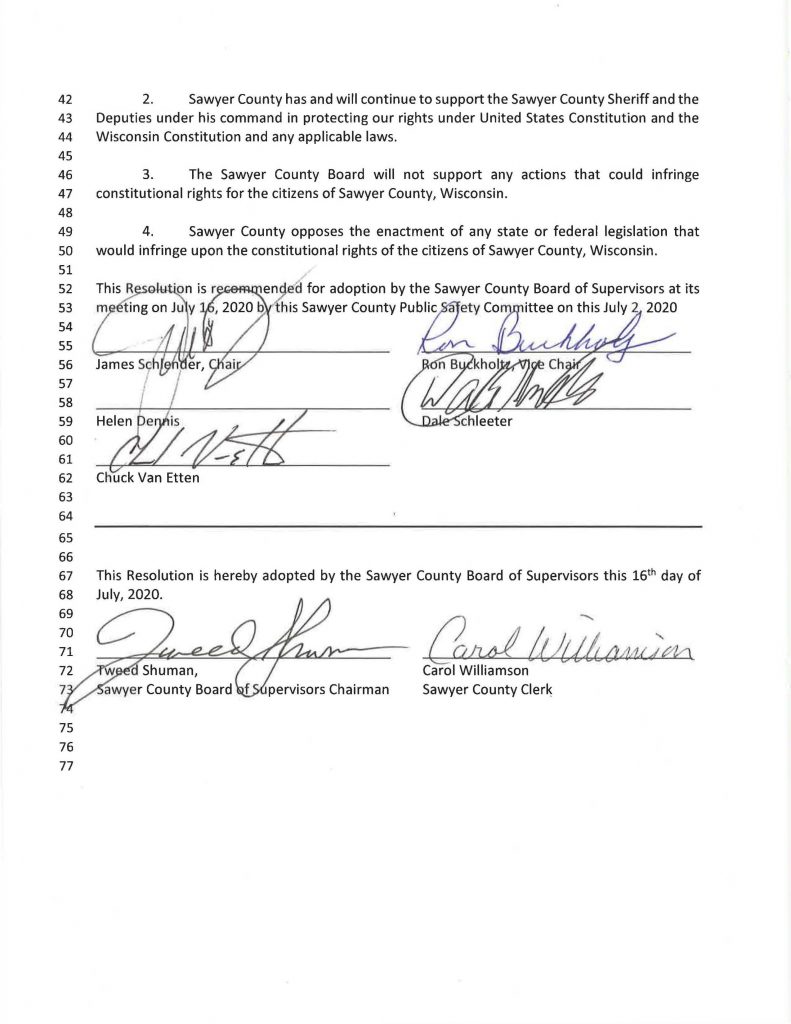 Sawyer County, Wisconsin Second Amendment Reaffirmation Resolution 2020-27