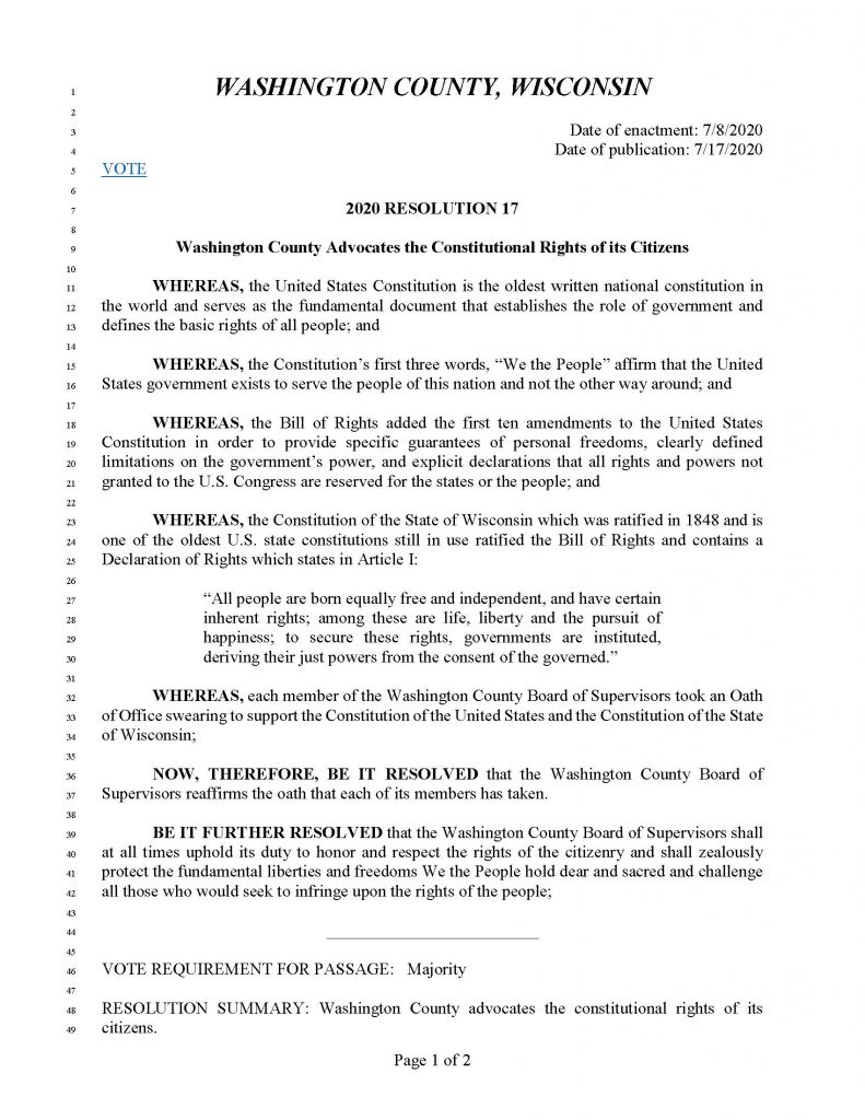 Washington County, Wisconsin 2020 Resolution 17