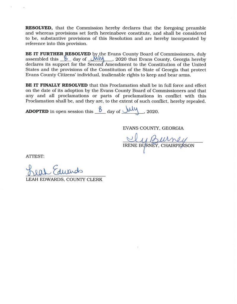 2020-01 Evans County resolution in support of the Second Amendment to the US Constitution.