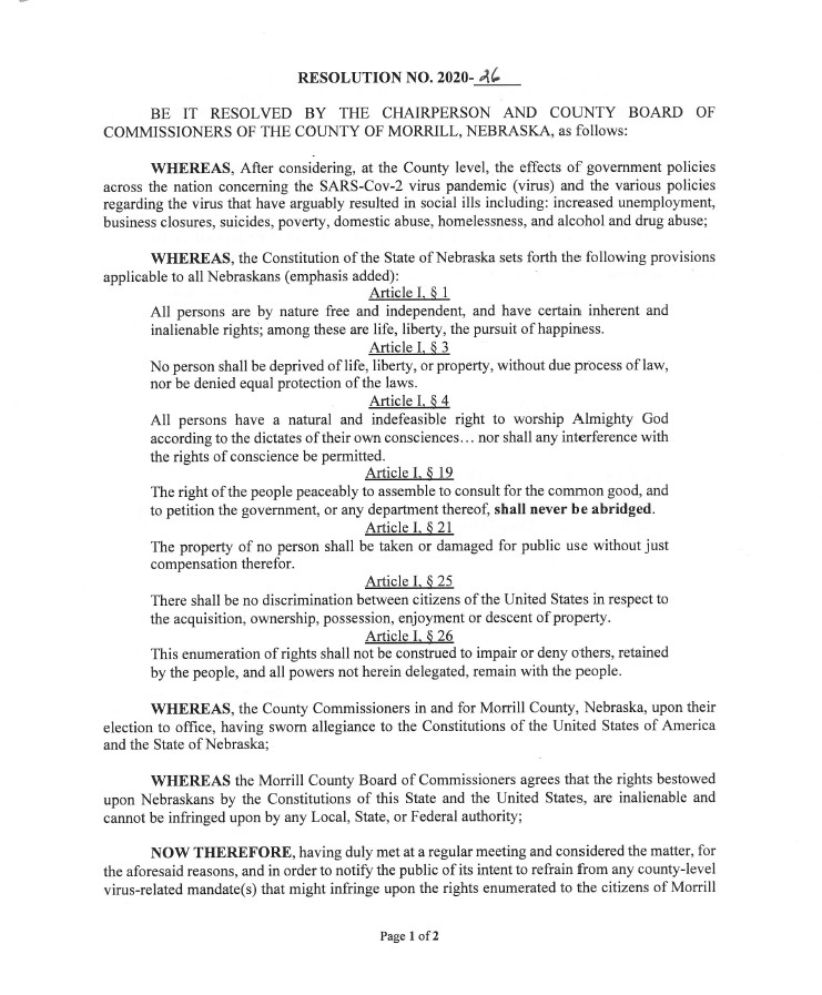 Resolution 2020-26 - Morrill County, Nebraska - Health Mandate Sanctuary Resolution Page 1