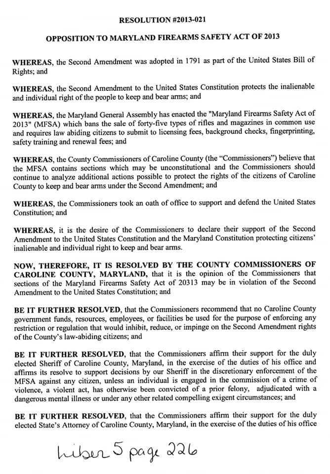 Caroline County Maryland Resolution 2013-021 page 1