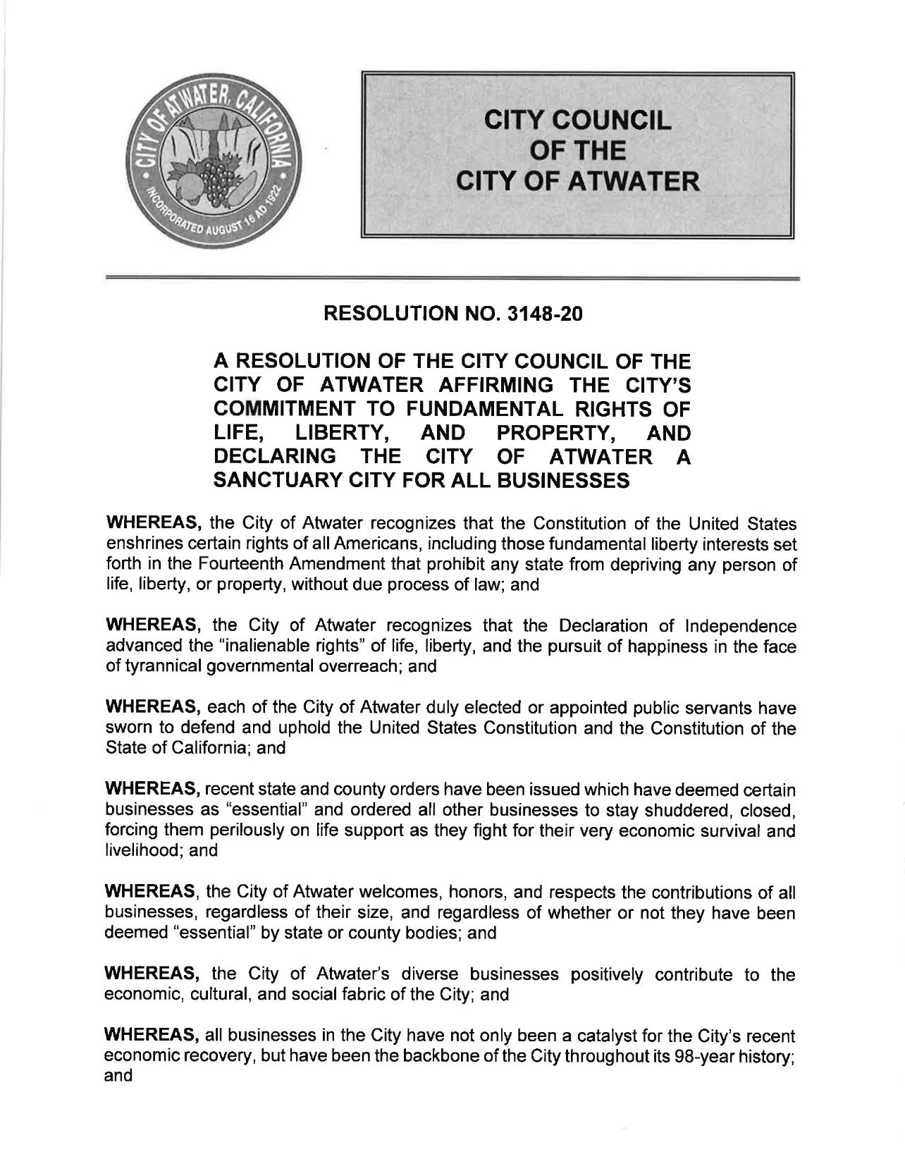 Atwater Resolution No. 3148-20 - pg 1