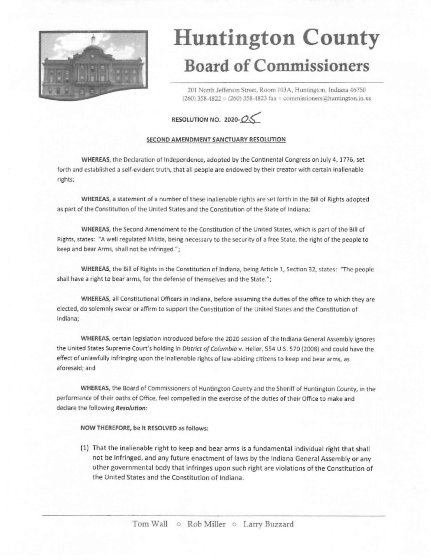 Huntington County Indiana Second Amendment Sanctuary Resolution pg 1