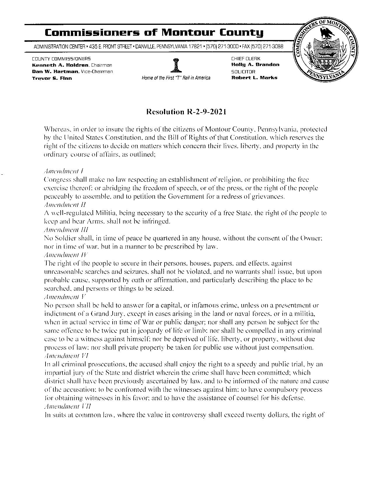 Montour County Bill of Rights Sanctuary Signed Resolution R-2-9-2021 page 1