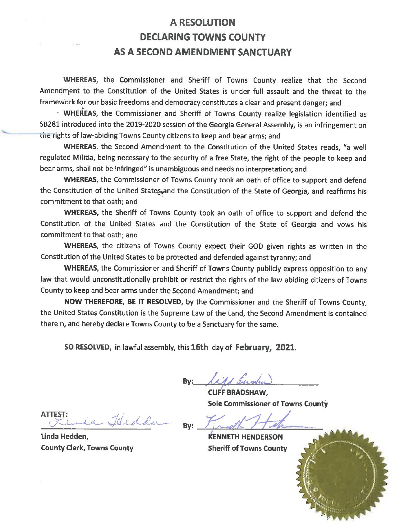 Towns County Georgia Second Amendment Sanctuary Resolution