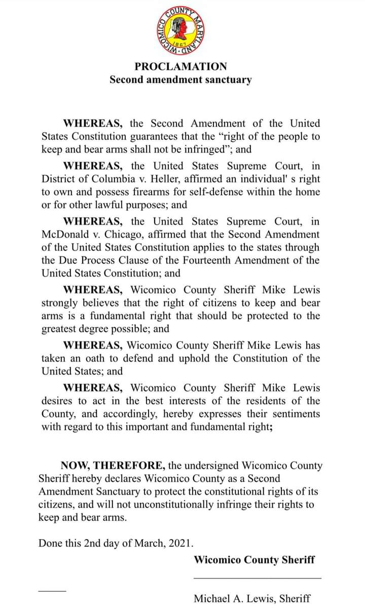 Wicomoco County Maryland Second Amendment Sanctuary Proclamation