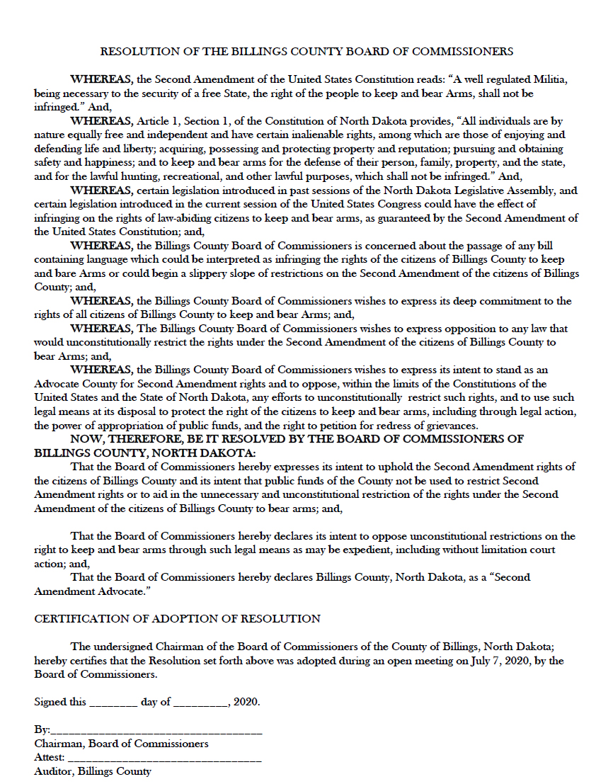 Billings County North Dakota Second Amendment Sanctuary Resolution