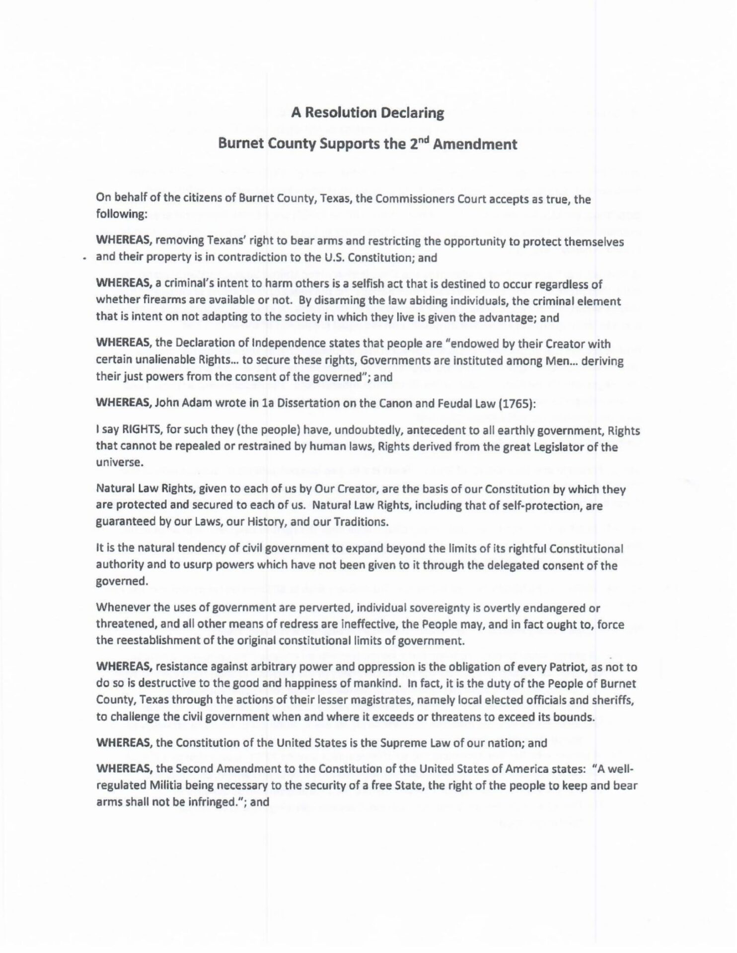 Burnet County Texas 2A Support Resolution PG-1