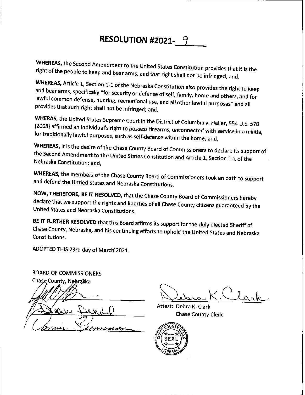 Chase County Nebraska Resolution Second Amendment Signed Page 1