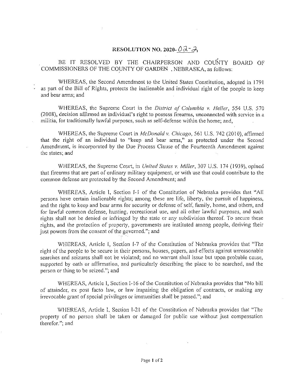 Garden County Nebraska Resolution page 1