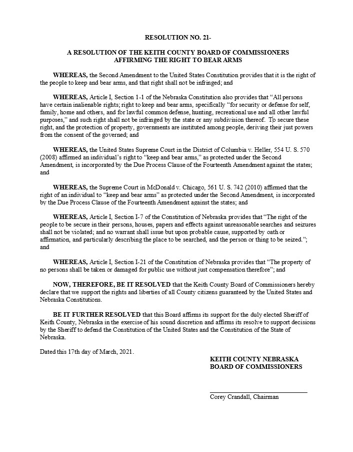 Keith County Nebraska 2nd Amendment Resolution