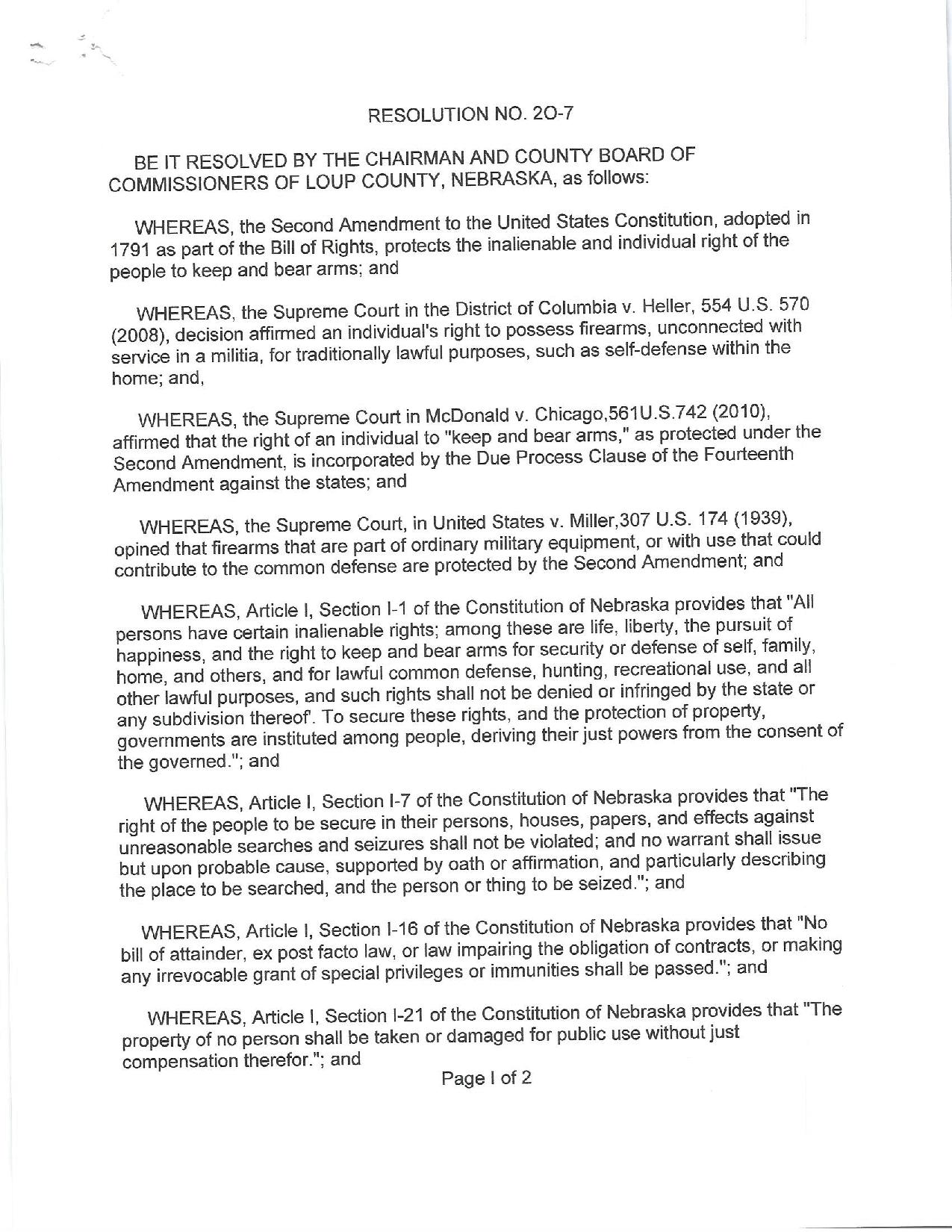 Loup County Nebraska Second Amendment Support Resolution Page 1