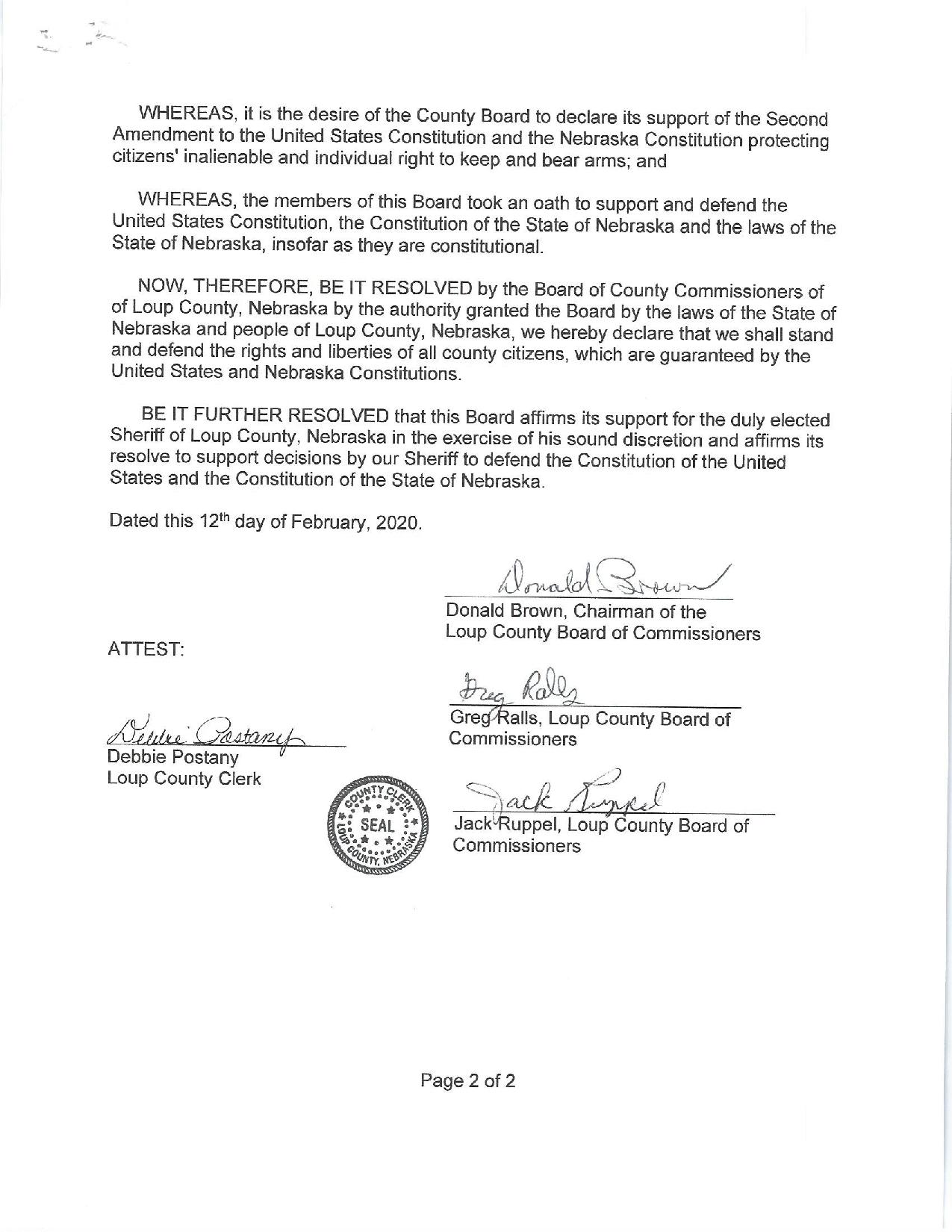 Loup County Nebraska Second Amendment Support Resolution Page 2