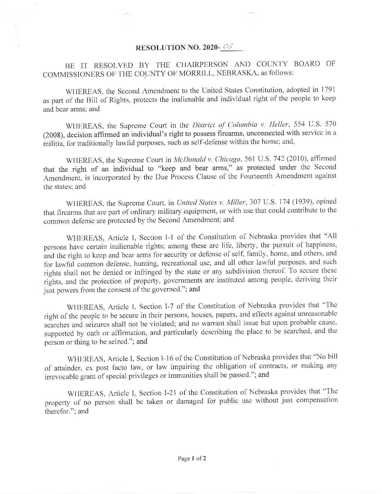 Morrill County Nebraska 2nd Amendment Resolution Page 1