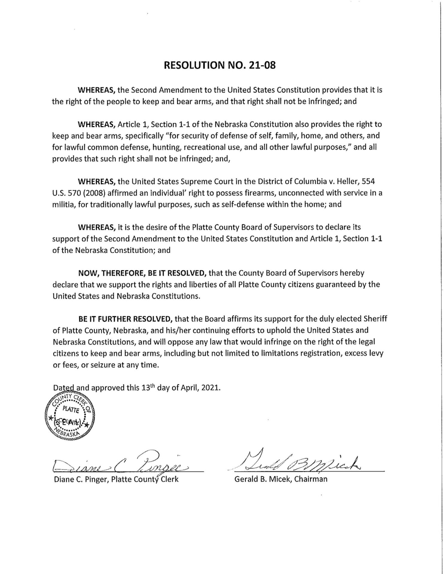 Platte County Nebraska Resolution No. 21-08 - 2nd Amendment support