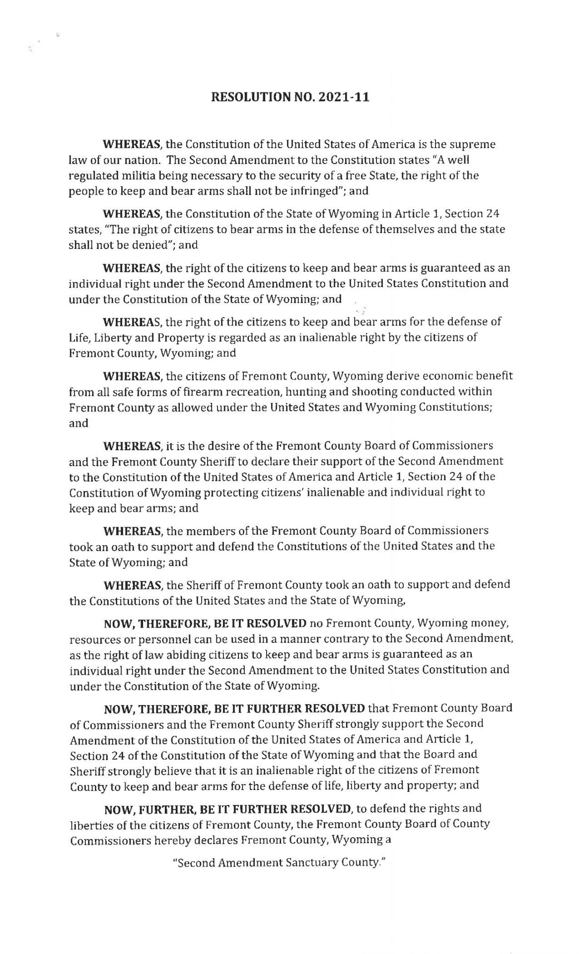 RES-2021-11 Second Amendment Sanctuary Fremont Wyoming page 1