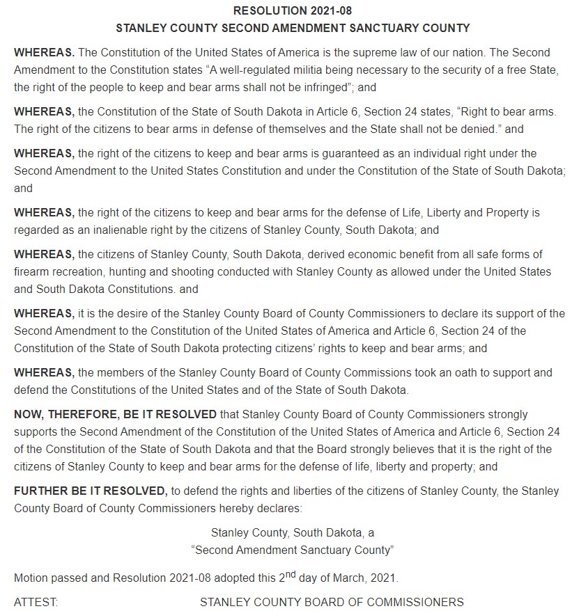 Stanley County South Dakota Second Amendment Sanctuary Resolution Page 1