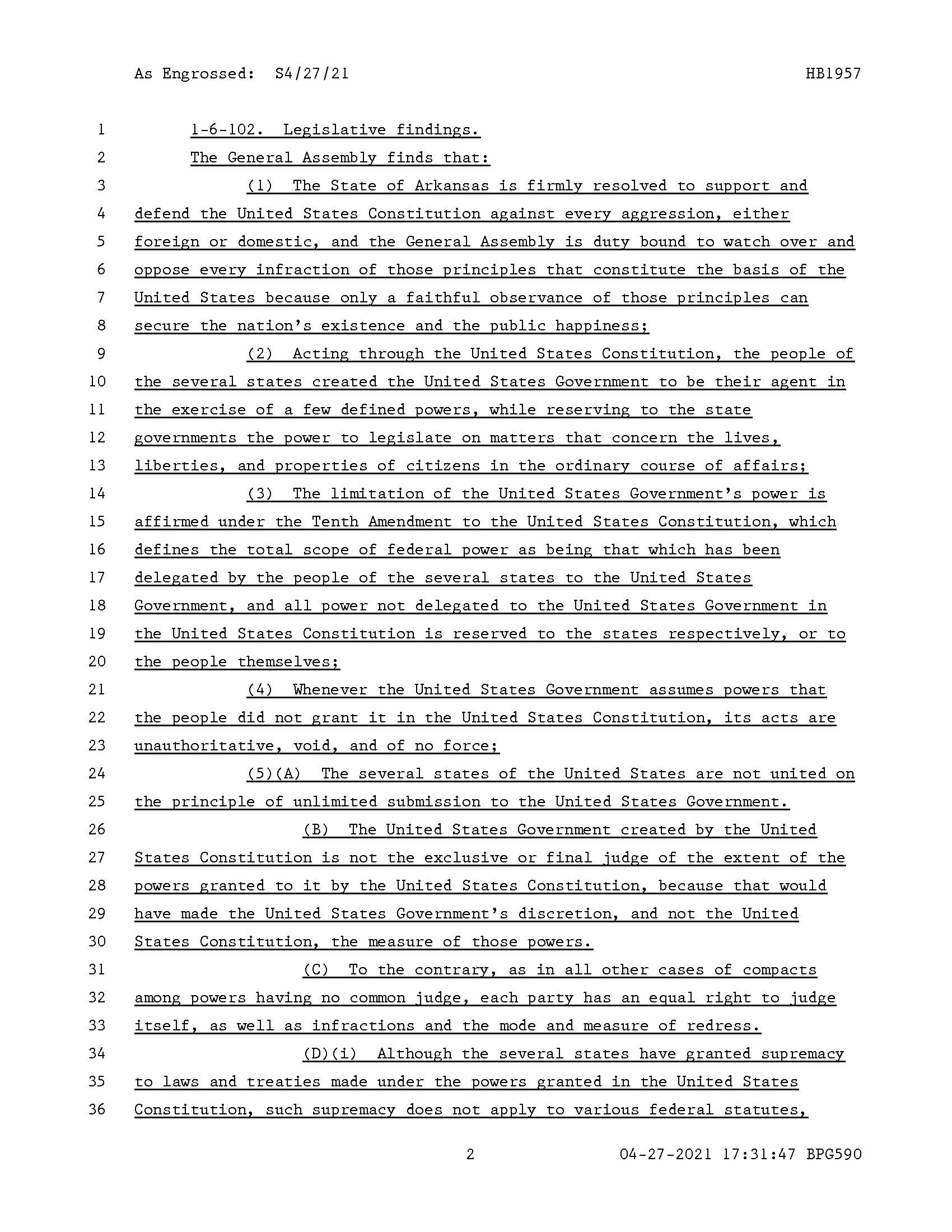 Arkansas Act1012 - CONCERNING THE ENFORCEMENT OF FEDERAL FIREARM BANS WITHIN THE STATE OF ARKANSAS - CONCERNING STATE CONSTITUTIONAL RIGHTS Page 2