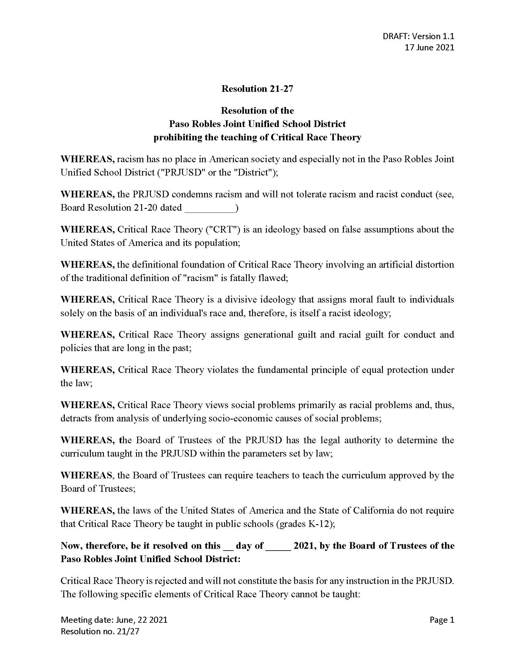 Paso Robles Joint Unified School District Critical Race Theory Resolution Page 1