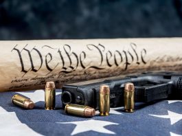 United States Constitution, Flag, Gun and Bullets. Second Amendment.