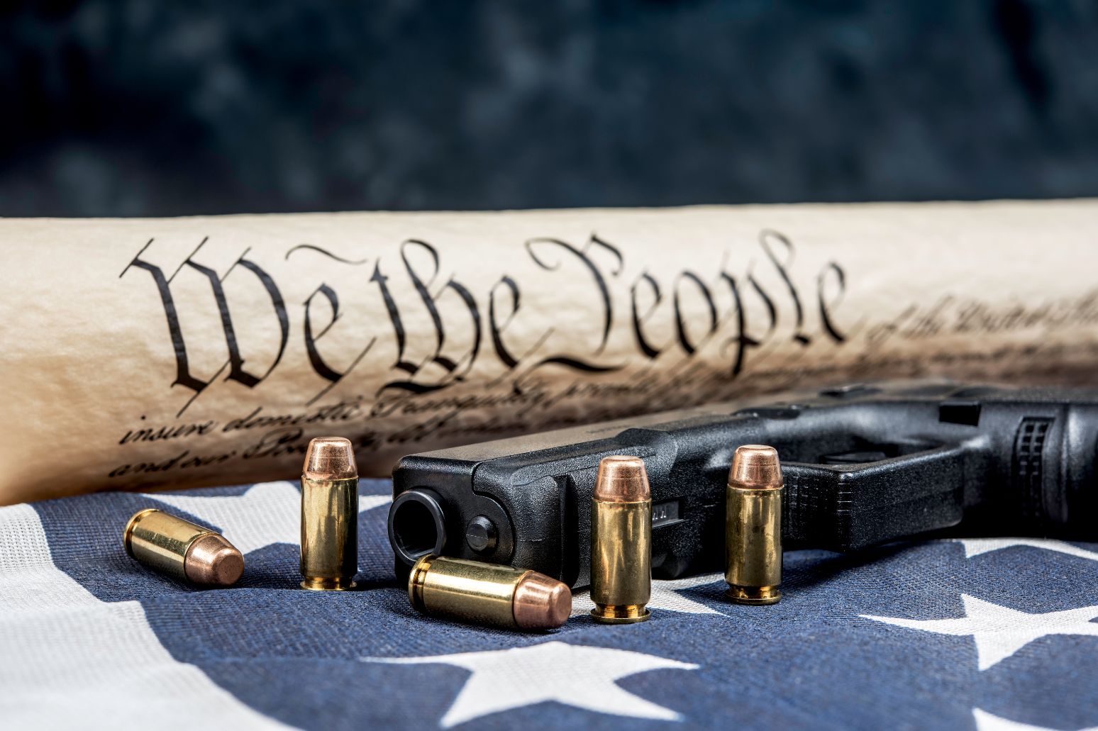 United States Constitution, Flag, Gun and Bullets. Second Amendment.