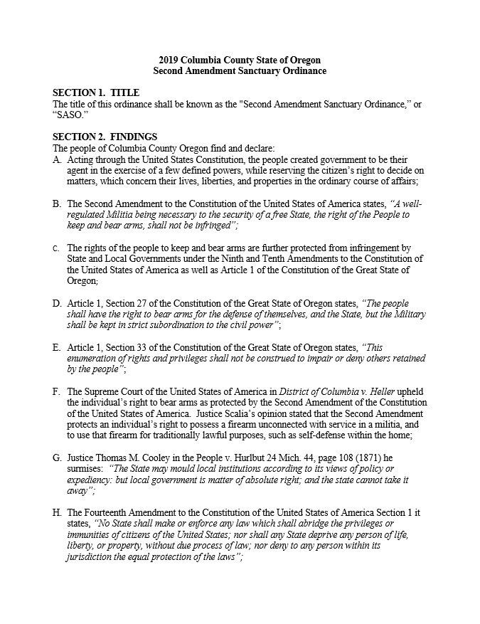 Columbia County Second Amendment Sanctuary Ordinance Page 1