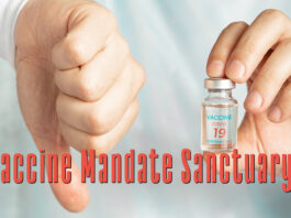 Picture shows one hand holding a vaccine while the other hand makes a thumbs down sign. Text reads: Vaccine Mandate Sanctuary?