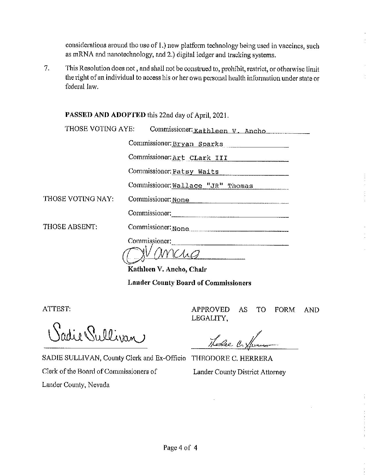 Lander County Nevada Resolution Prohibiting Vaccine Passport Page 5
