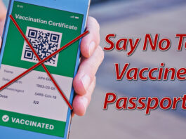 Picture shows a mobile phone displaying a vaccination certificate. Text reads: Say Not To Vaccine Passports