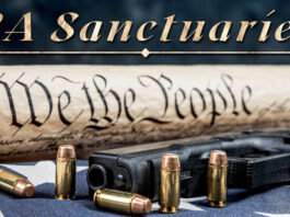 Picture shows the Constitution with a gun and bullets on a flag and the words "2A Sanctuaries" at the top.