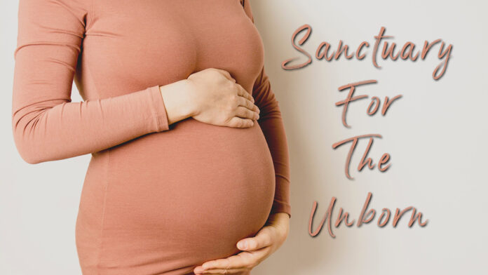 Picture shows a pregnant mother - Text reads: Sanctuary For The Unborn